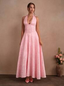 SHEIN Unity Elegant V-Neck Pink Bowknot A-Line Backless Dress, Spring/Summer - Pink - View 7