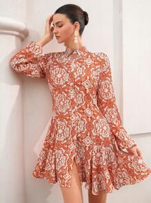 Aveloria Rosie Random Allover Print Belted Shirt Dress Vacation Outfits Woman  Boho Beach Fashionable Style All Over Print - Orange - View 4