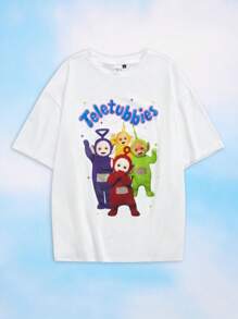 Teletubbies X SHEIN Plus Size Cartoon & Letter Print Short Sleeve T-Shirt, Summer S Graphic Funny T Shirt T Shirts Funny Shirt Graphic Summer Outfits For Women Rave Outfits Festival/ Rave/Festival/ Rave Outfits/ Festival Outfits For Women/ Country Concert Outfit/ Festival Outfits/ I Concert/Concert Outfit Women/ Concert Outfits For Women/Rave Outfit/Rave Top Tshirt Tshirts Graphic
