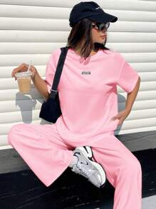 SHEIN EZwear Bộ quần áo thun rộng rãi thoải mái có họa tiết dành cho nữ - Hồng - Xem 4