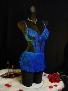 Women's Black Underwire Sexy Lace Patchwork Hollow-Out Jumpsuit - Royal Blue - View 7