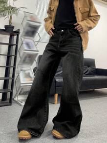 Manfinity Hypemode Men's Loose Fit Wide Leg Casual Black Jeans With Slant Pockets - Black - View 7