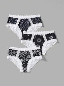 ROMWE 3pcs/Set Gothic Floral Snake Skin Moth Butterfly Rose Sun & Moon Contrast Lace Bow Decorated Ladies' Panties - Black - View 1