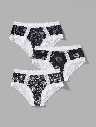 Goth 3pcs/Set Gothic Floral Snake Skin Moth Butterfly Rose Sun & Moon Contrast Lace Bow Decorated Ladies' Panties