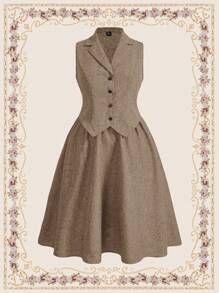 Vintamour 复古 2 件套优雅大码女式两件套，修身背心和喇叭裙，秋冬装感恩节大码女装新年商务休闲女装工作服大码女装大码女装白色优雅端庄大码女装外出装办公室端庄情人节母亲节服装夏季两件套女士节日服装女士教师服装 - 棕色 - 查看 3