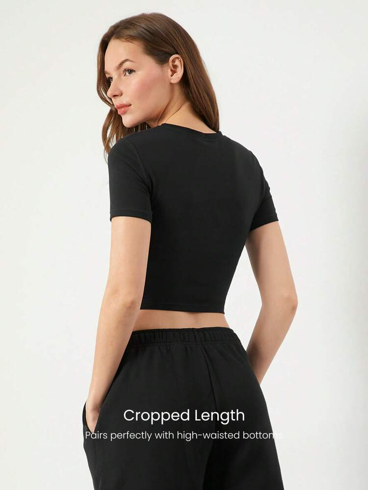 FeatherFit™ All Day Confidence Slim Fit V-Neck Logo Cropped Baby Tee Low Impact Yoga Pilates Studio Daily Casual Wear