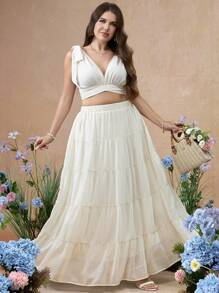 SHEIN Unity Plus Size Vacation Solid Color Camisole Top And Multi-Layer Chiffon Ruffle Skirt Set - Apricot - View 4