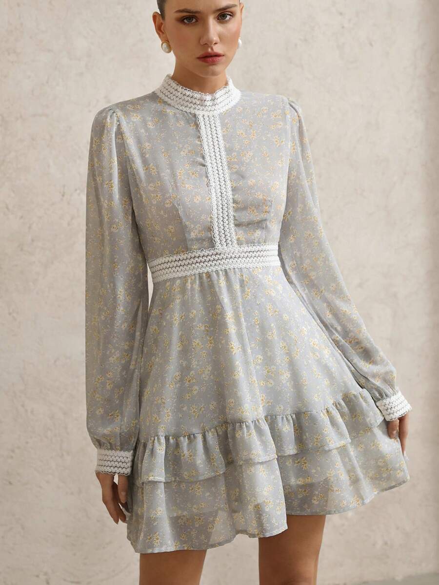 SHEIN Unity Vintage Elegant Ditsy Floral Sheer Chiffon Puff Sleeve Waist Cinched Sexy Ruffles Patchwork Spring Dress For Women All Over Print For Spring Fall - Blue - View 1