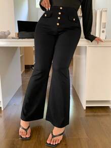 Dazy Plus Stretchy Slim Fit 4 Buttons Decor Bell Bottom Solid Color Pants, All Season Business Women Attire Women Dress Pants - Black - View 1