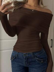 CovetEZ Brown Casual Knit Off Shoulder Ruched Fitted T-Shirt,Rave Top - Brown - View 3