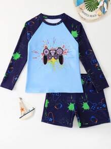 Tween Boys Printed 2 Pieces Swimwear Set Tween Boys' Two-Piece Swimsuit Set: Long Sleeve Rash Guard And Swim Trunks With Fun Vibrant Game Controller Print And UV Protection For Beach And Pool Days Stylish Tween Boy Beach Outfit: Full Print Long Sleeve High Neck Swim Shirt And Shorts Set With Game Controller Design Perfect For Summer Fun
