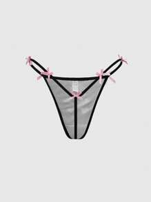 ROMWE Gothic Romantic Skeleton Gothic Font Spaghetti Strap Bow Thong Lingerie Set - Black - View 5