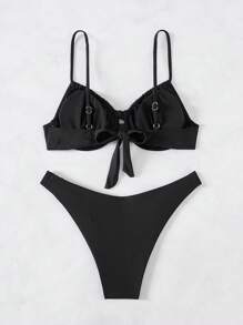 Swim Basics Ladies 2pcs Set High-Waisted Bandeau Bikini Set With Metal Buckle Strap And Bow Accent, Adjustable Waist Elastic Band, Elegant & Fashionable For Beach Parties - Multicolor - View 2