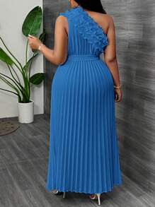 Slaydiva Plus Size Elegant Formal Party Asymmetric Shoulder Ruffle Waisted Pleat Dress, Apricot Color, Summer