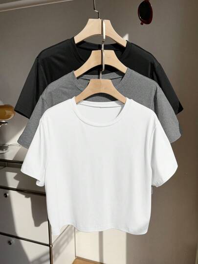 Comfortcana 3pcs/Set Plus Size Basic Colorful Crew Neck Short Sleeve T-Shirts