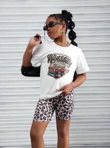 2pcs/Set Tween Girls Casual Fashion Leopard Print Motorcycle Long Sleeve T-Shirt & Pants Set