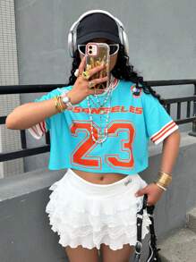 Women Letter Print Round Neck Short Sleeve Cropped Loose T-Shirt - Blue - View 3