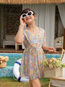 Tween Girl Floral Print Bikini Swimwear Set With Cover Up - Multicolor - View 4