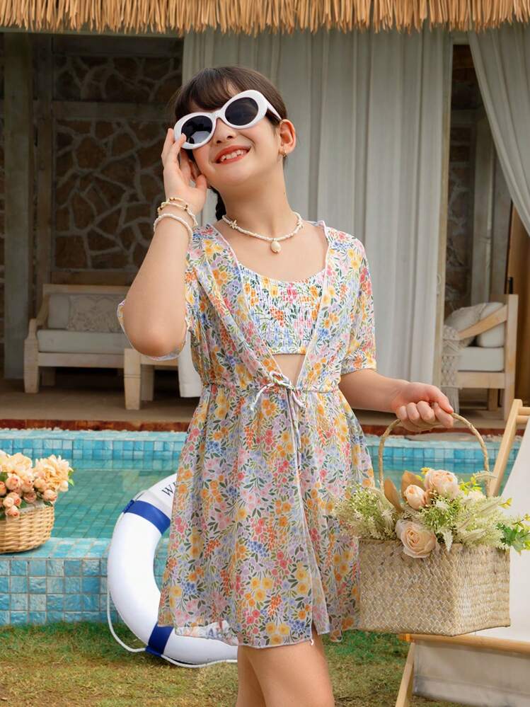 青少年女孩花卉印花比基尼泳装套装（带罩衫） - 彩色 - 查看 4