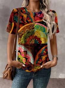 EMERY ROSE Women's Casual Knitted Round Neck Short Sleeve T-Shirt With Multicolor Bohemian Mandala Print Suitable For Going Out,Casual - Multicolor - View 4