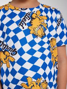 GARFIELD | SHEIN Camiseta de cuello redondo de punto con estampado de dibujos animados a cuadros para niño joven - Multicolor - Ver 6