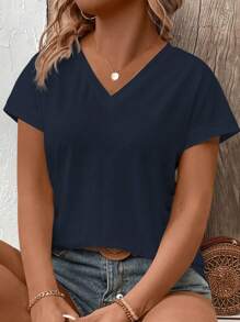 INAWLY 大码女式 V 领短袖拼布袖口休闲百搭 T 恤，春/夏