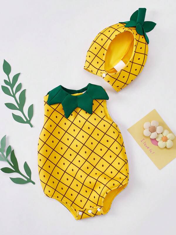 SHEIN Persoplay Kids Set de 2 piezas de atuendo para recién nacido incluyendo gorro, con diseño adorable y divertido de piña amarilla, adecuado para actuaciones, sesiones de fotos, parques de diversiones, celebraciones de festivales