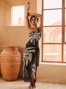 Swim Oasis Set da 2 pezzi 2025 Nuovo costume da bagno aderente da donna con stampa di palme e gonna da spiaggia, costume intero casual adatto per vacanze