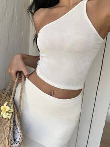 SHEIN Unity 2pcs/Set Women Oblique Shoulder Fitted Top And Low Waist Split Hem Skirt - Champagne - View 4