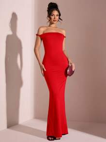 SHEIN BAE Elegant Off Shoulder Backless Bodycon Ruched Wine Red Long Dress For Women, Suitable For Valentine's Day Date
