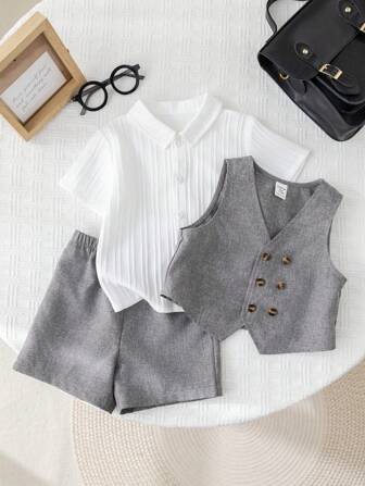 2pcs/Set Baby Boy/Girl Casual Korean Style Cute Grey Double-Breasted Vest And Shorts Set, Suitable For Birthday Party, Evening Party, Performance, Wedding, One Month Celebration, Baptism And 1st Birthday, Baby Shower