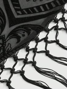 ROMWE Goth 女式复古花卉植绒拼布流苏下摆吊带裙 - 黑色 - 查看 3