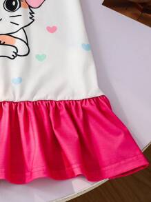 SHEIN Young Girl Round Neck Contrast Ruffle Cuff Short Sleeve Cartoon Pattern Cute Casual Nightgown - Pink - View 5