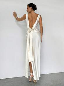 Aloruh 女士缎面长裙，适合派对或婚礼，性感露背无袖高开叉连衣裙，配白色领带 - 杏色 - 查看 3