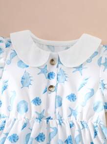 SHEIN Vestido de playa con cuello con volantes y mangas abullonadas, lindo y de moda para niña bebé, primavera/verano - Azul - Ver 7