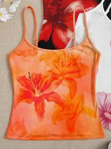 SHEIN EZwear 3pcs Set Casual Tropical Flower Print Cami Top, Vacation Attire For Spring Suitable For Going Out - Multicolor - View 4