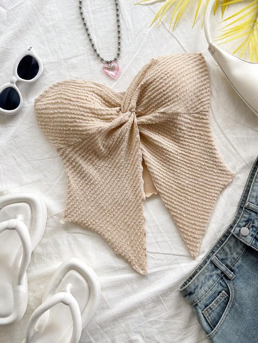Soleia Áo ống dệt kim họa tiết xoắn viền bất đối xứng màu mơ cho nữ khi đi nghỉ - Màu Khaki - Xem 1
