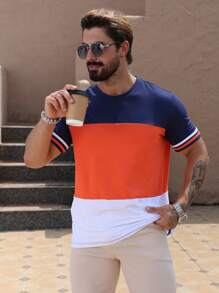 Manfinity Dauomo Men's Summer Striped Printed Round Neck Short Sleeve Casual T-Shirt