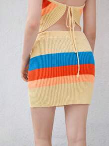 SHEIN Unity Women's Multicolor Striped Tie-Up Fitted Knit Skirt,Summer Beach Vacation,Boho Tops Women - Multicolor - View 2