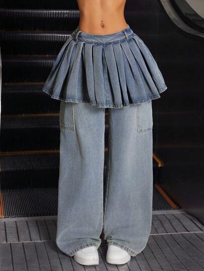 SHEIN ICON Pantalones vaqueros informales sueltos con perneras acampanadas, cintura con parches y pliegues en estilo A-line para mujeres