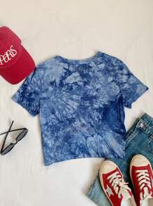 SHEIN EZwear 扎染印花扭结短袖T恤，休闲夏季款 - 藍色 - 查看 2
