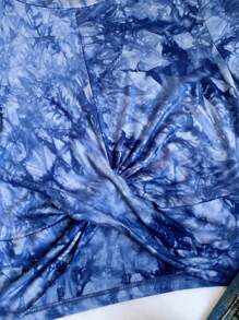 SHEIN EZwear 扎染印花扭结短袖T恤，休闲夏季款 - 藍色 - 查看 4