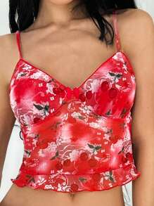 SHEIN EZwear Women's Summer Clothing Romantic Vintage Floral Print Vacation Short Red Western Camisole - Red - View 13