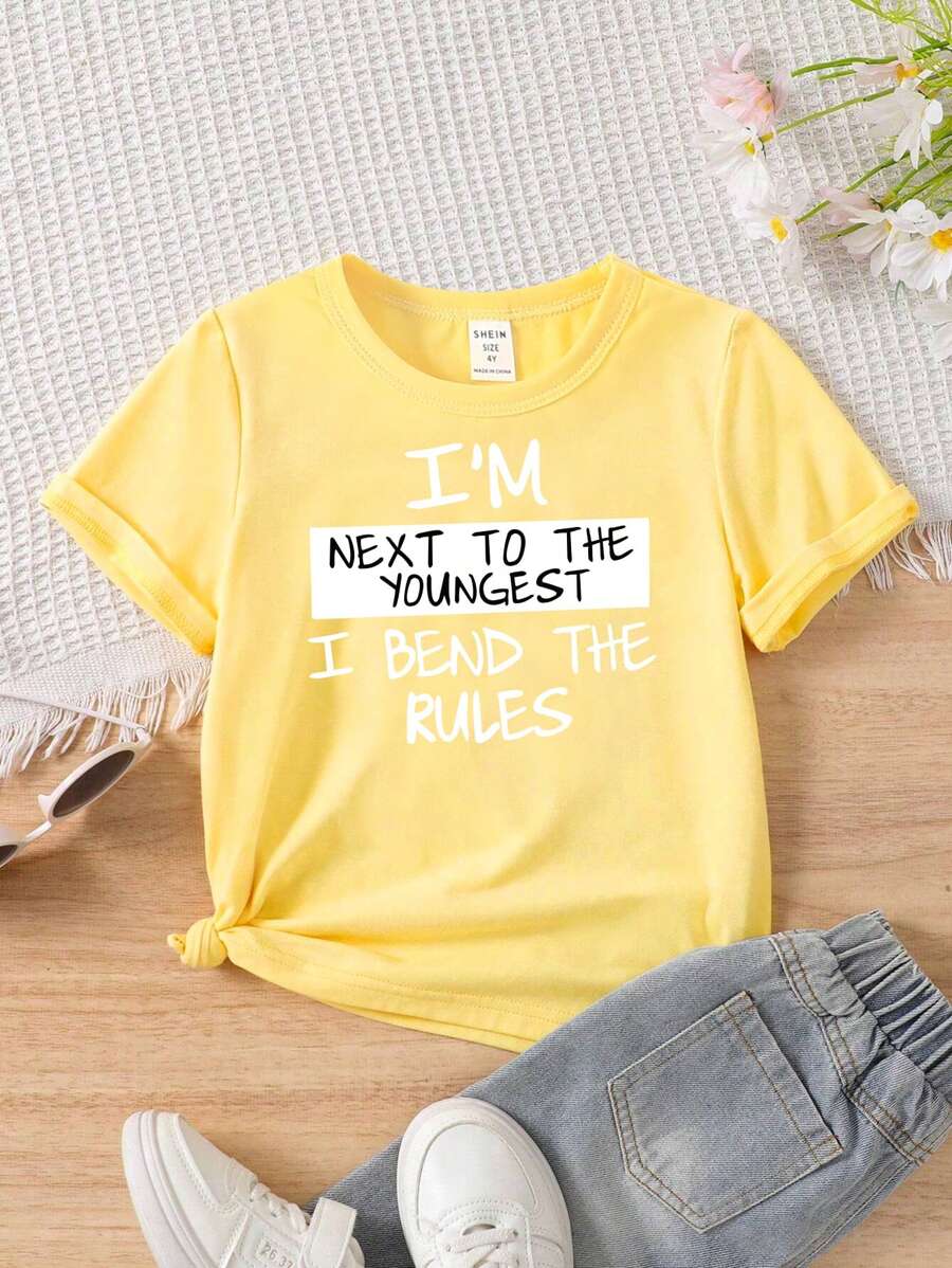 Young Girl' Casual Fashion Slogan Letter Graphic Print Short Sleeve T-Shirt, Spring/Summer - Yellow - View 1