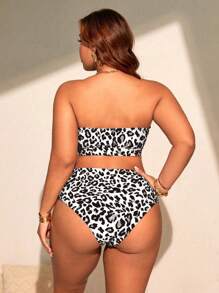 Slaydiva 2015 新款大码女式性感时尚豹纹开叉扭纹前抹胸高腰三角泳衣两件套，度假装 - 黑與白 - 查看 2