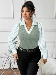 SHEIN LUNE 1pc Women Plus Size Patchwork 2 In 1 Pullover Casual Top - Multicolor - View 5