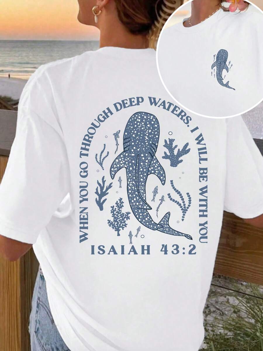 Flirla 大码休闲度假海洋生物标语印花 T 恤 - 白色 - 查看 1