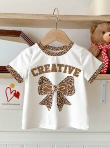 SHEIN Leap Crew 年轻女孩休闲豹纹蝴蝶结印花圆领短袖 T 恤，适合夏季