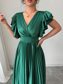 Elenzga V-Neck Ruffle Hem High Waist Pleated A-Line Elegant Romantic Dress For Women - Green - View 4