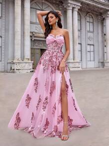 Glamrae Gorgeous Elegant Noble Fashionable Fairy Style Pink Shiny Sequined Mesh Tube Dress, Large A-Line Dress, Suitable For Bachelorette Parties, Wedding Guests, Music Festivals, Vacations, Dances, Formal Dinner Dresses, Party Dress, Evening Dress, Gown,Graduation,Teacher Outfits For Women,Teacher Dress - Pink - View 4